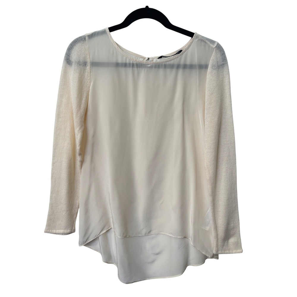 Zara Woman Silk‎ & Wool Mixed Media Blouse Cream High Low Long Sleeve Medium